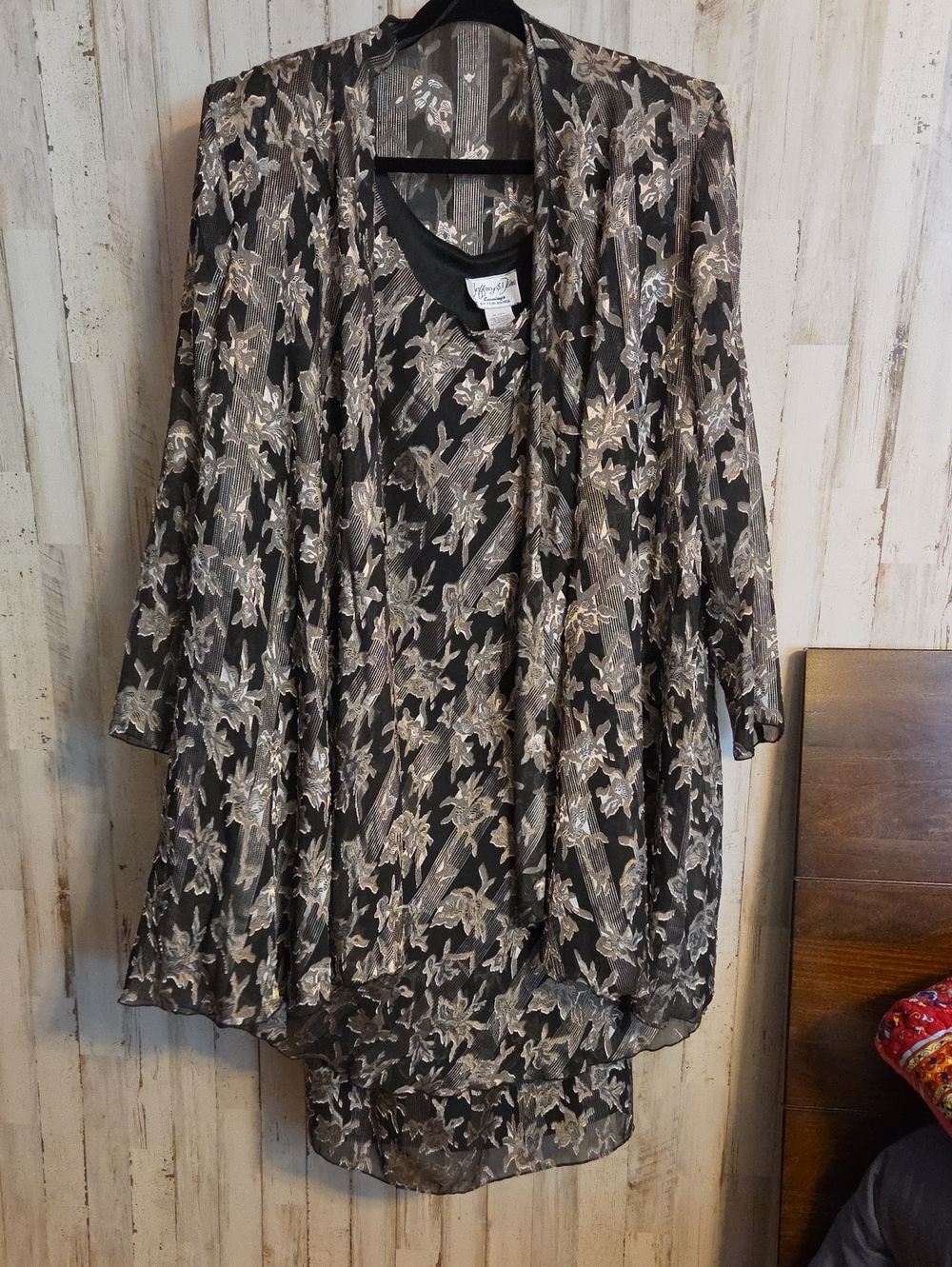 Joseph Ribkoff Black Sheer Floral Dress Wit Overlay Jacket with Metallic Accents